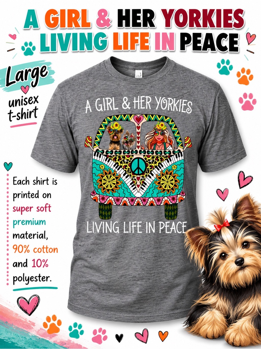YORKIES and Girl Peace T-shirt riding in a VW Van